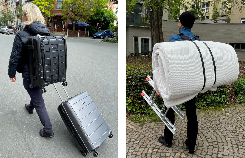 Koffer Handgepäck hands free händefrei tragen Trolley Matratze tragen Tragegurt einfach transportieren